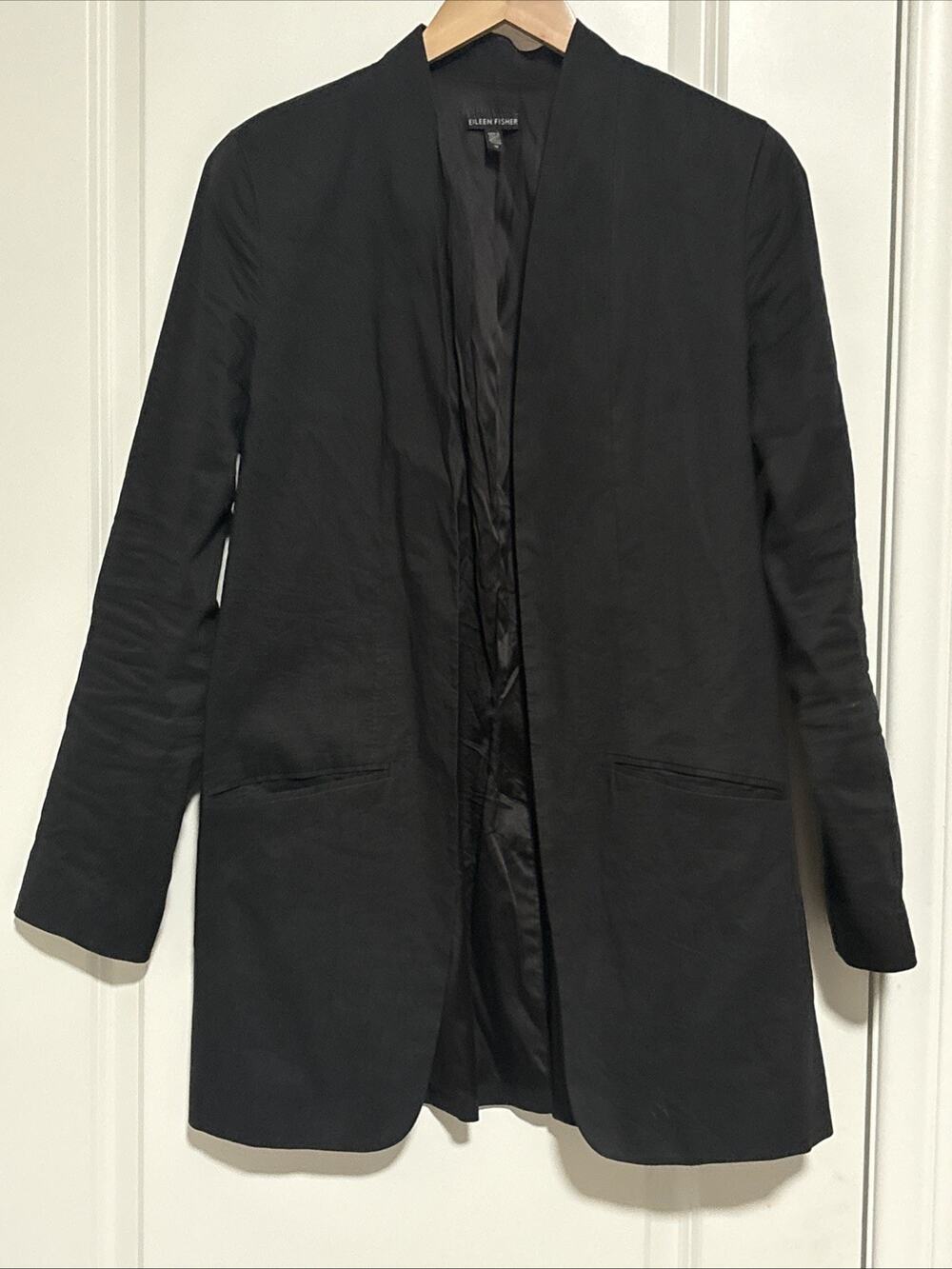 Eileen Fisher Women’s classic black collarless open-front jacket Size 12